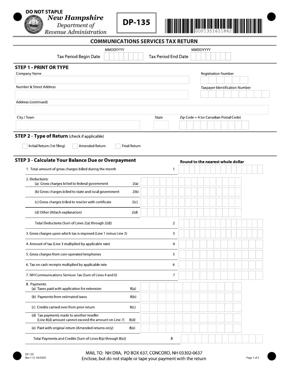 Form DP-135 Communications Services Tax Return - New Hampshire, Page 1