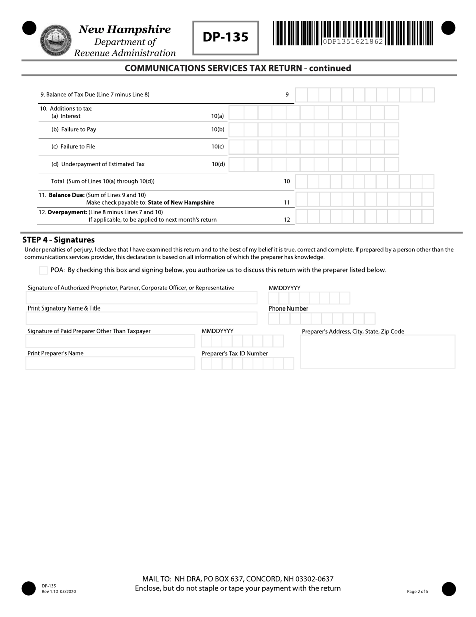 Form DP-135 Communications Services Tax Return - New Hampshire, Page 2