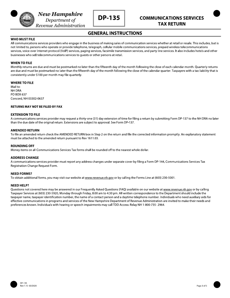 Form DP-135 Communications Services Tax Return - New Hampshire, Page 3