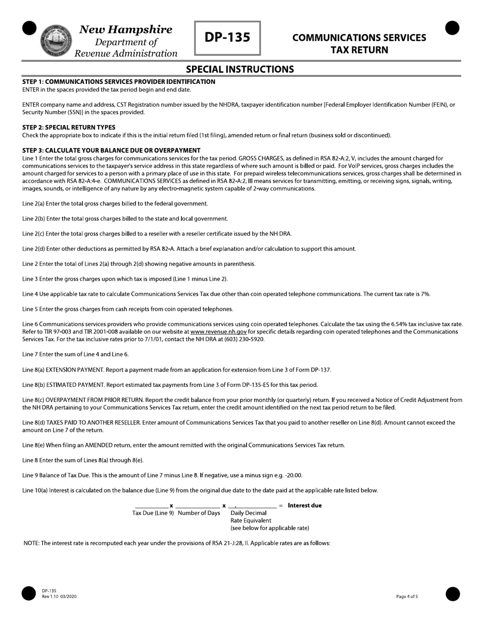 Form DP-135 Communications Services Tax Return - New Hampshire, Page 4