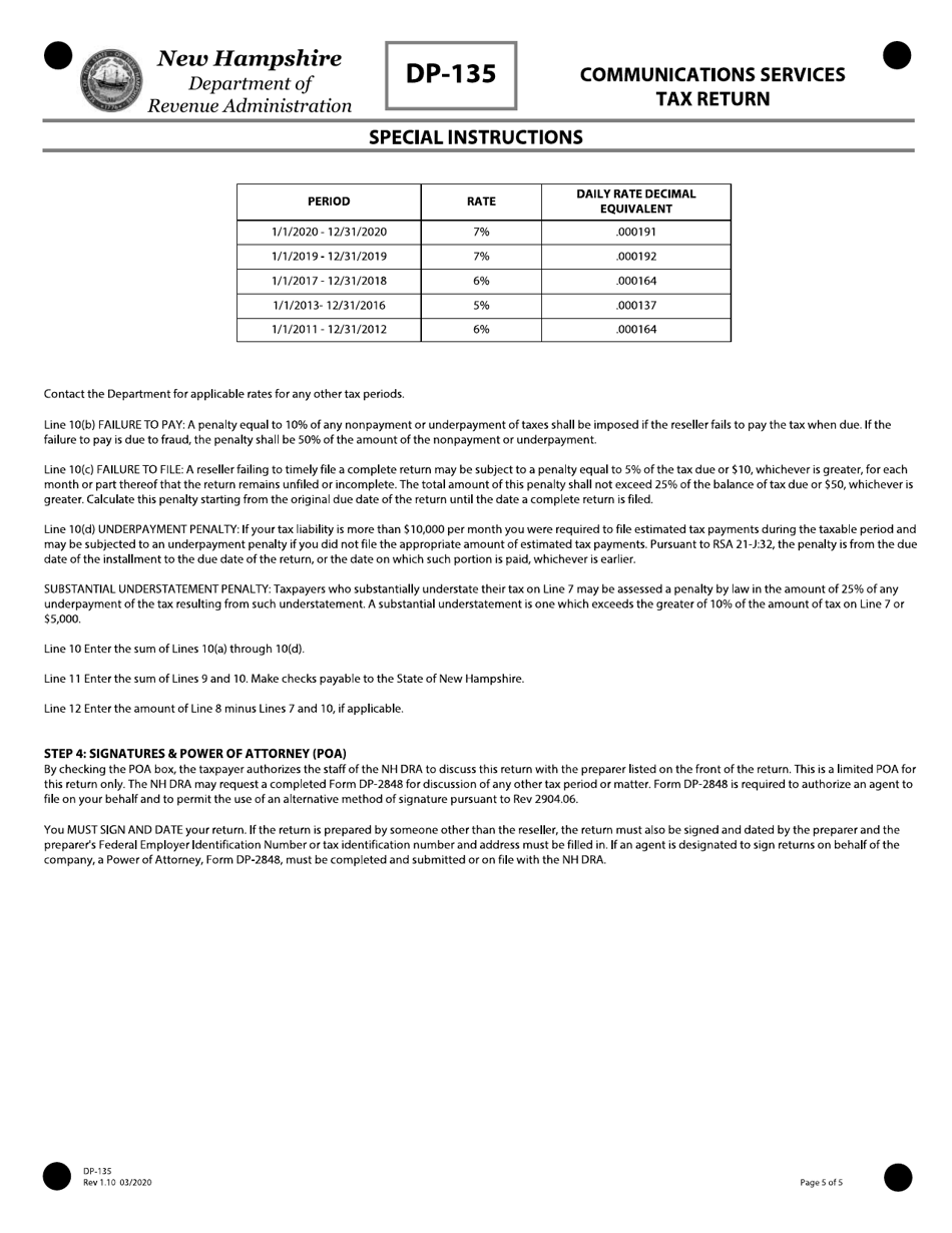 Form DP-135 Communications Services Tax Return - New Hampshire, Page 5