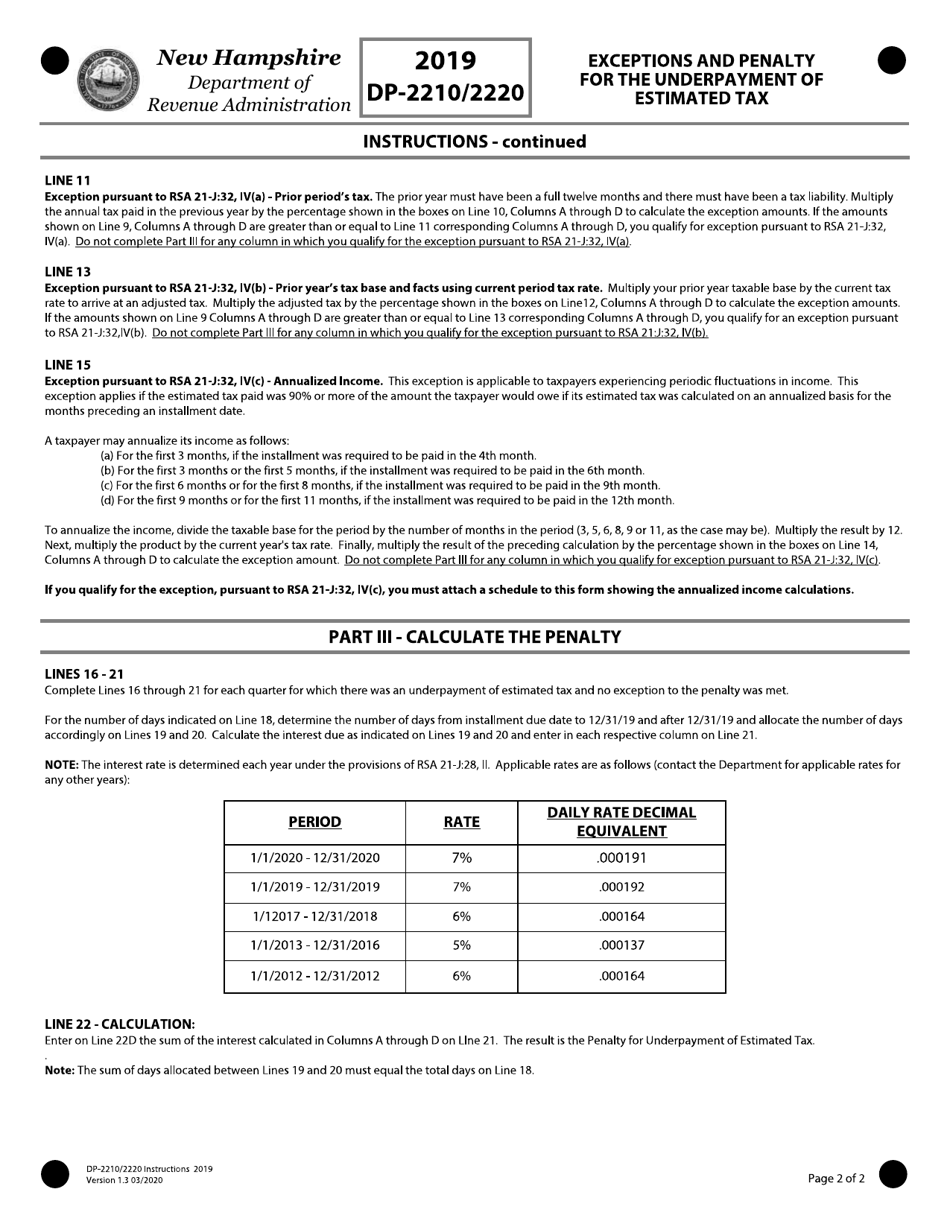Instructions for Form DP-2210 / 2220 Exceptions and Penalty for the Underpayment of Estimated Tax - New Hampshire, Page 2