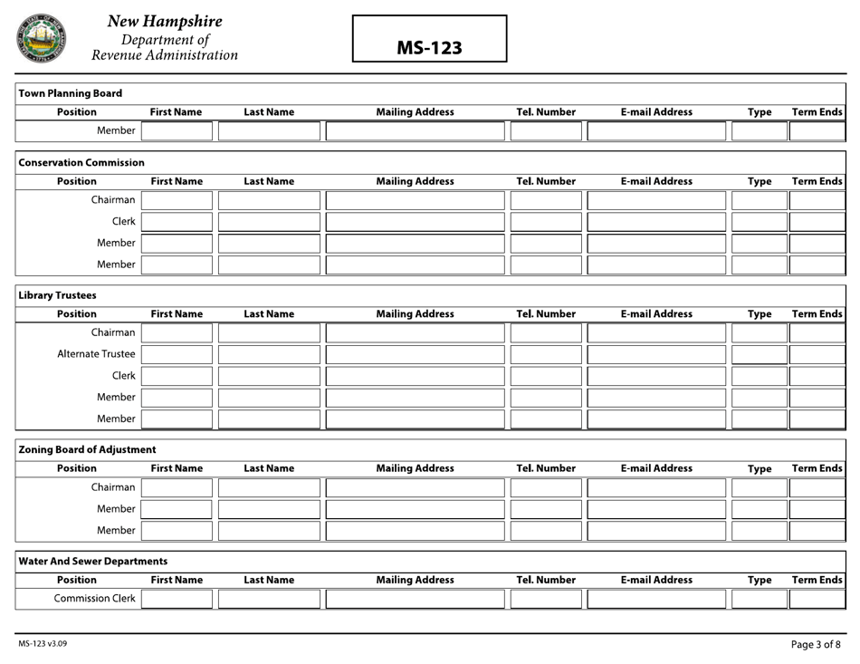 Form MS-123 Report of Town / City / Village Officials - New Hampshire, Page 3