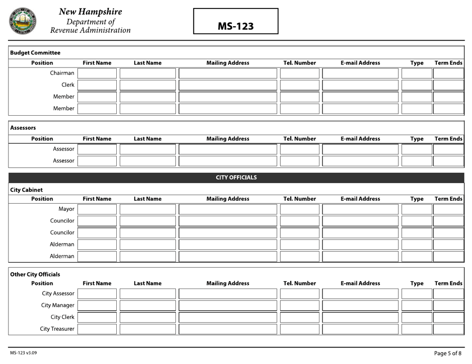 Form MS-123 Report of Town / City / Village Officials - New Hampshire, Page 5