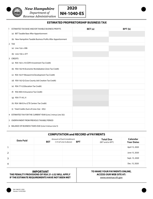 Form NH-1040-ES  Printable Pdf