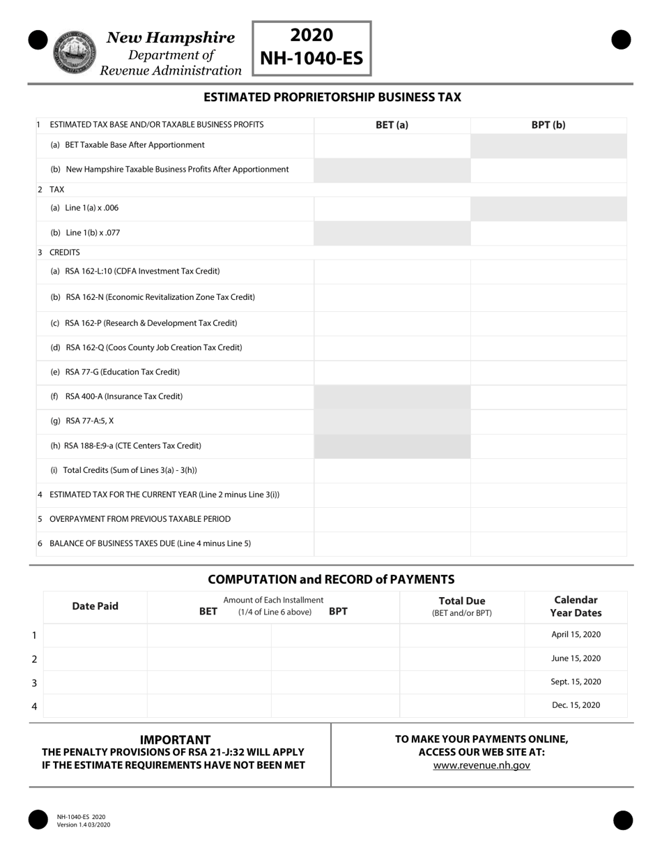 Form NH-1040-ES Estimated Proprietorship Business Tax - New Hampshire, Page 1