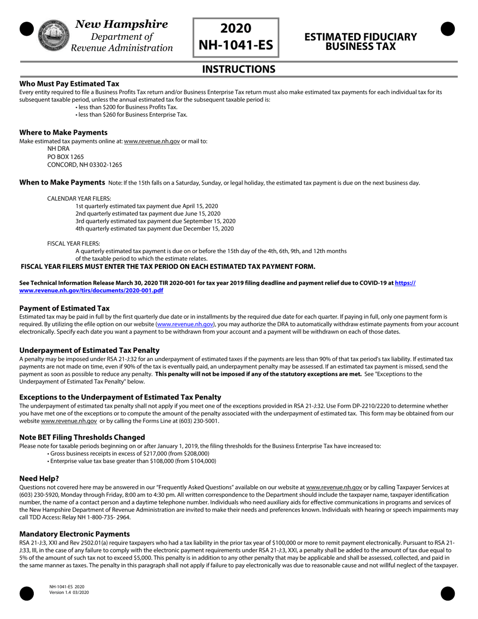 Form NH-1041-ES Estimated Fiduciary Business Tax - New Hampshire, Page 4