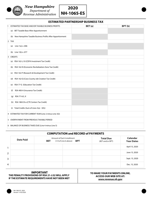 Form NH-1065-ES 2020 Printable Pdf