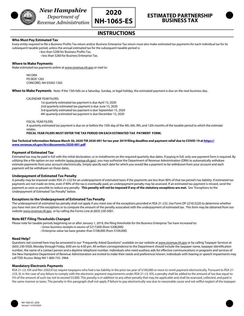 Form NH-1065-ES Estimated Partnership Business Tax - New Hampshire, Page 4