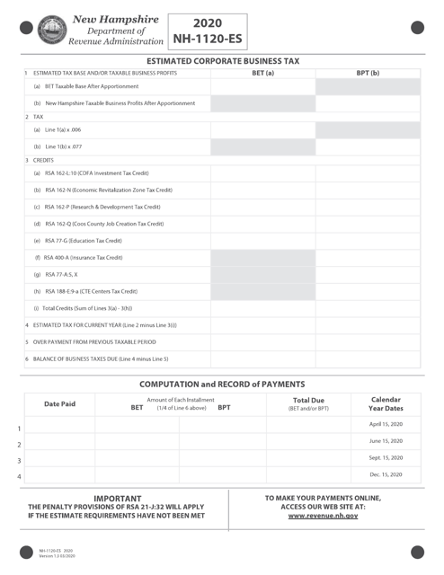Form NH-1120-ES 2020 Printable Pdf