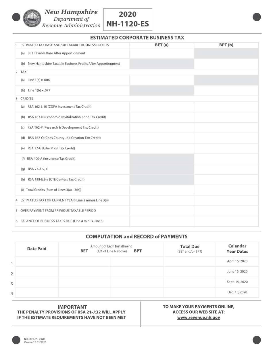 Form NH-1120-ES Corporate Business Profits Tax Estimates - New Hampshire, Page 1