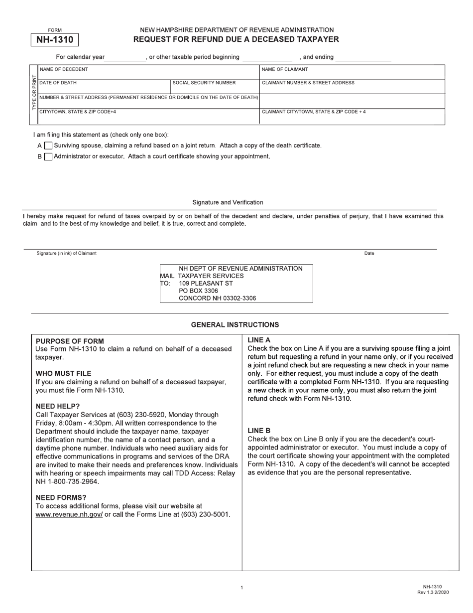 Form NH-1310 Request for Refund Due to a Deceased Taxpayer - New Hampshire, Page 1