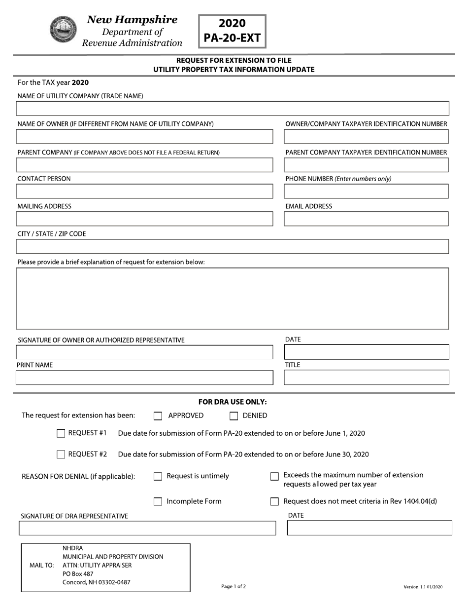 Form PA-20-EXT Request for Extension to File Utility Property Tax Information Update - New Hampshire, Page 1