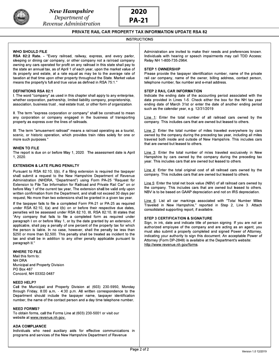 Form PA-21 Private Railcar Property Private Railcar Property Tax Information Update - New Hampshire, Page 2