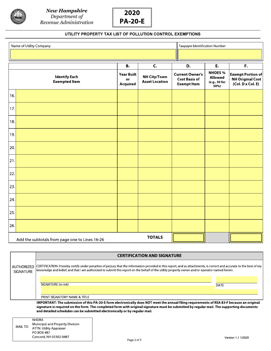 Form PA-20-E Utility Property Tax List of Pollution Control Exemption - New Hampshire, Page 2