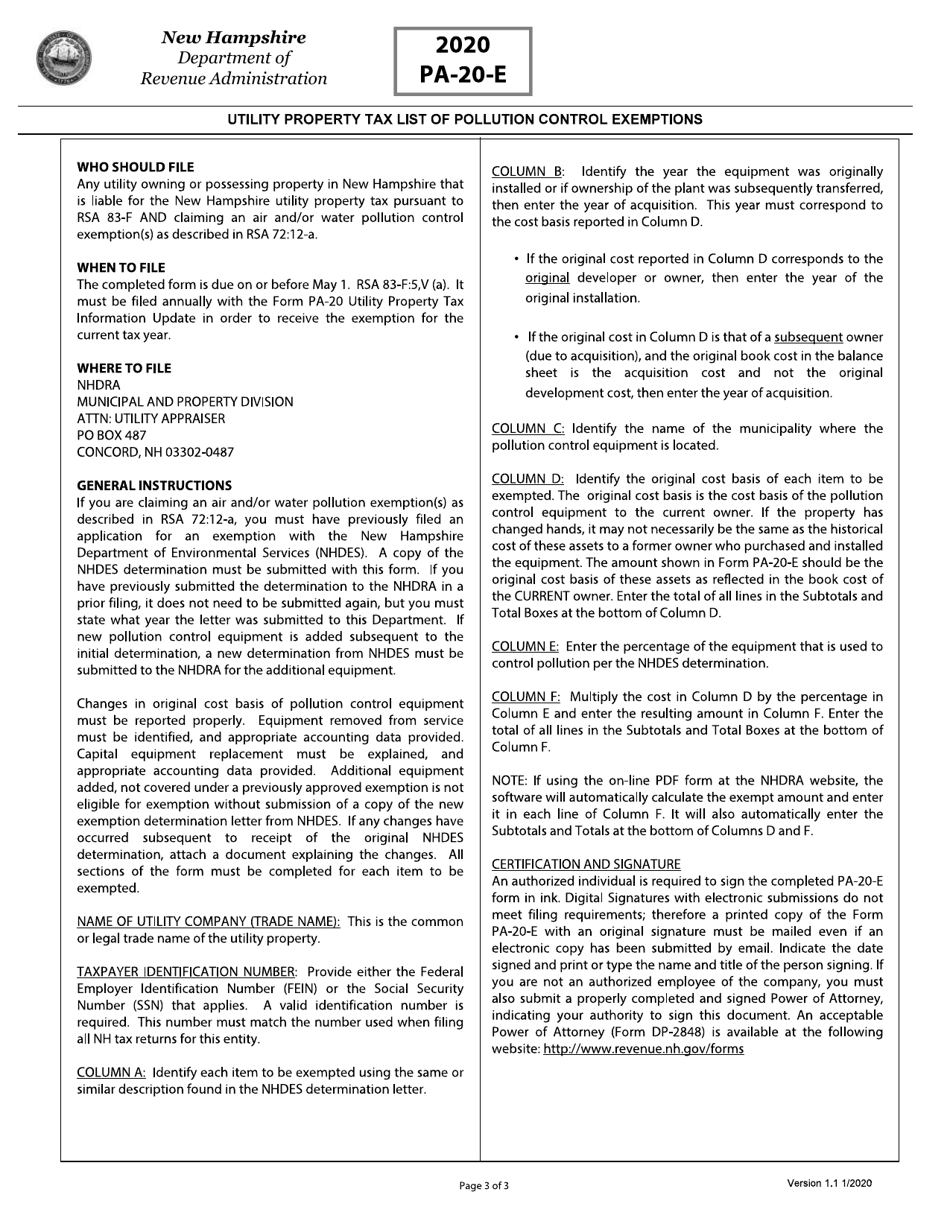 Form PA-20-E Utility Property Tax List of Pollution Control Exemption - New Hampshire, Page 3