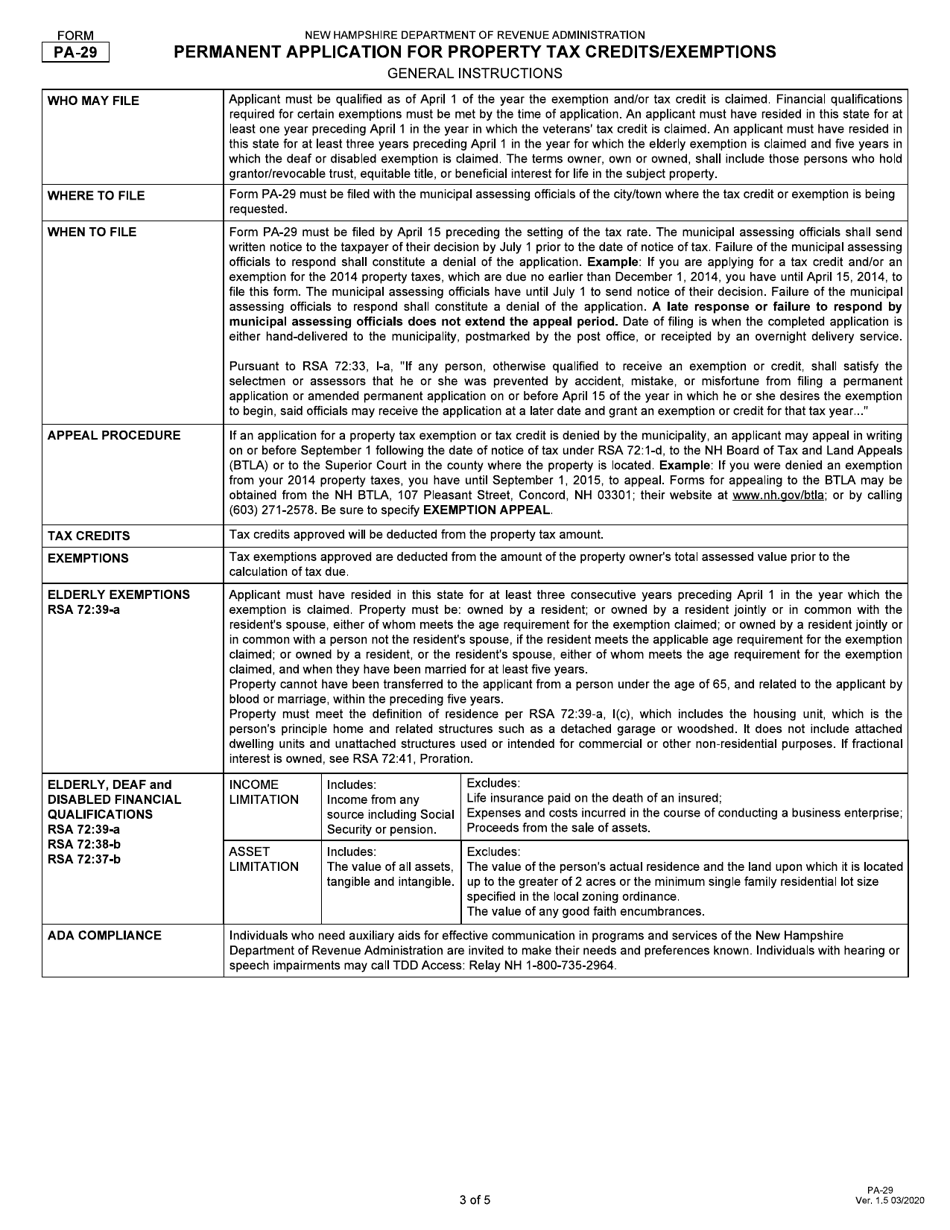 Form PA-29 Permanent Application for Property Tax Credit / Exemptions - New Hampshire, Page 3