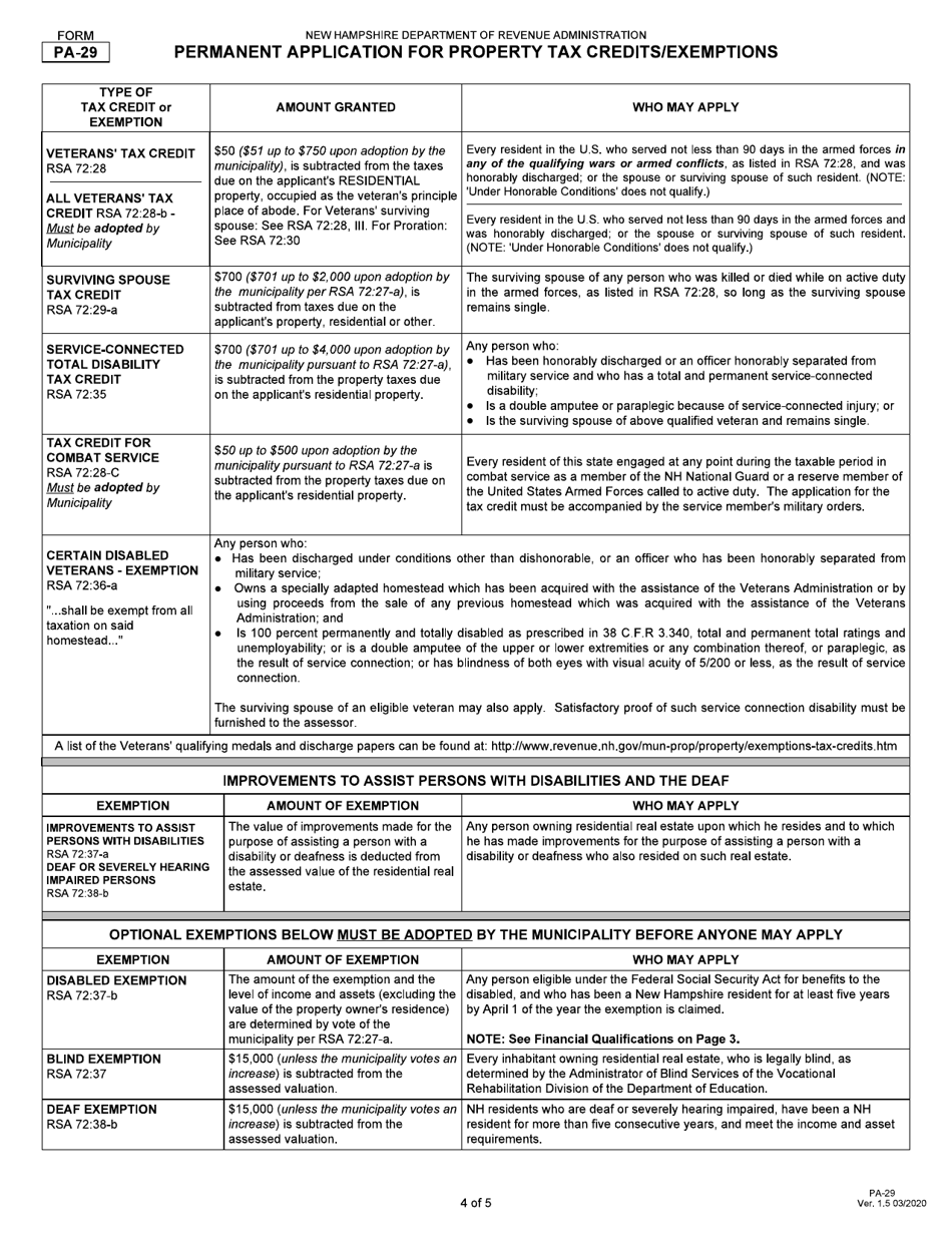 Form PA-29 Permanent Application for Property Tax Credit / Exemptions - New Hampshire, Page 4