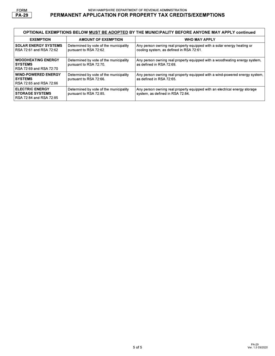 Form PA-29 Permanent Application for Property Tax Credit / Exemptions - New Hampshire, Page 5
