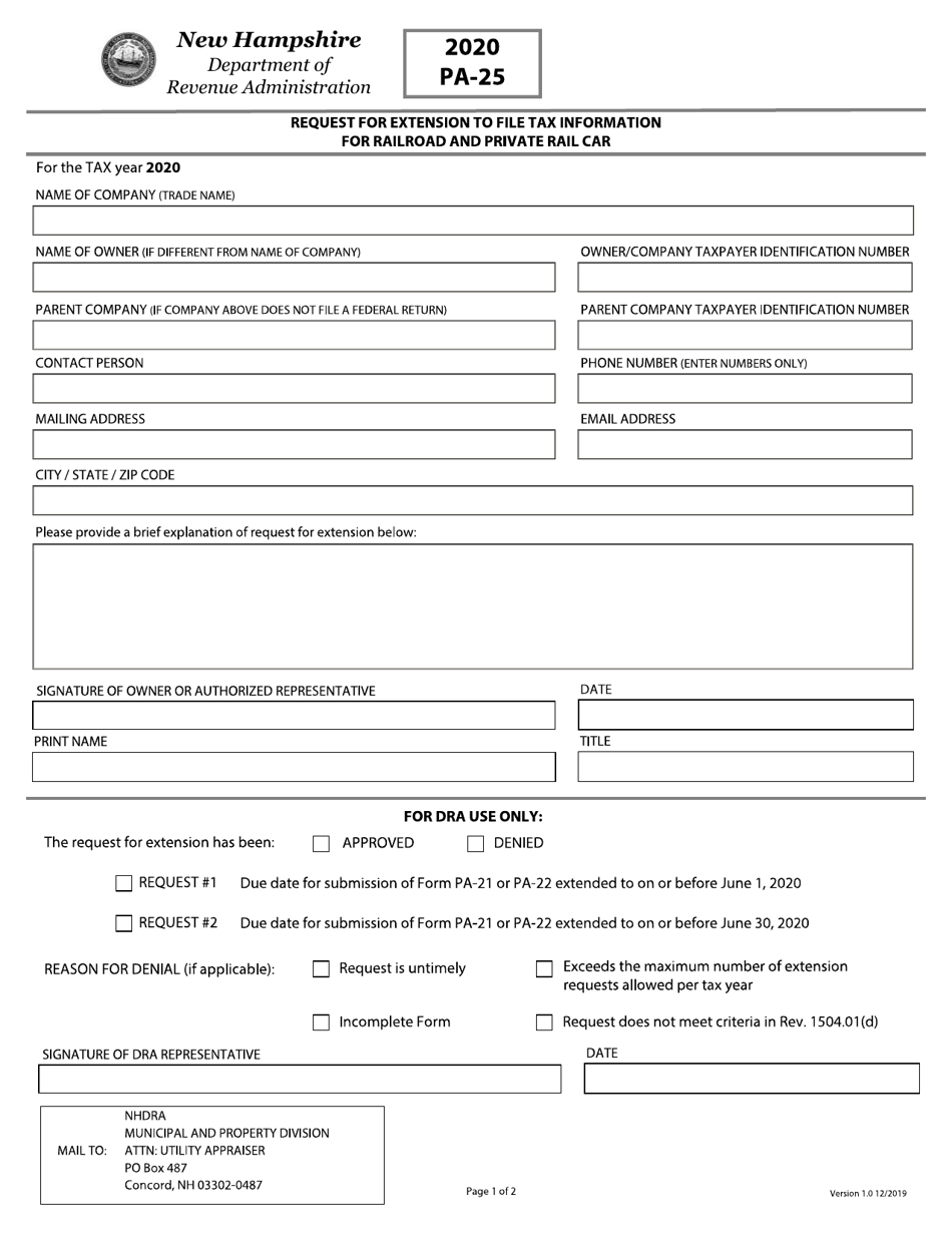 Form PA-25 Request for Extension to File Tax Information for Railroad and Private - New Hampshire, Page 1