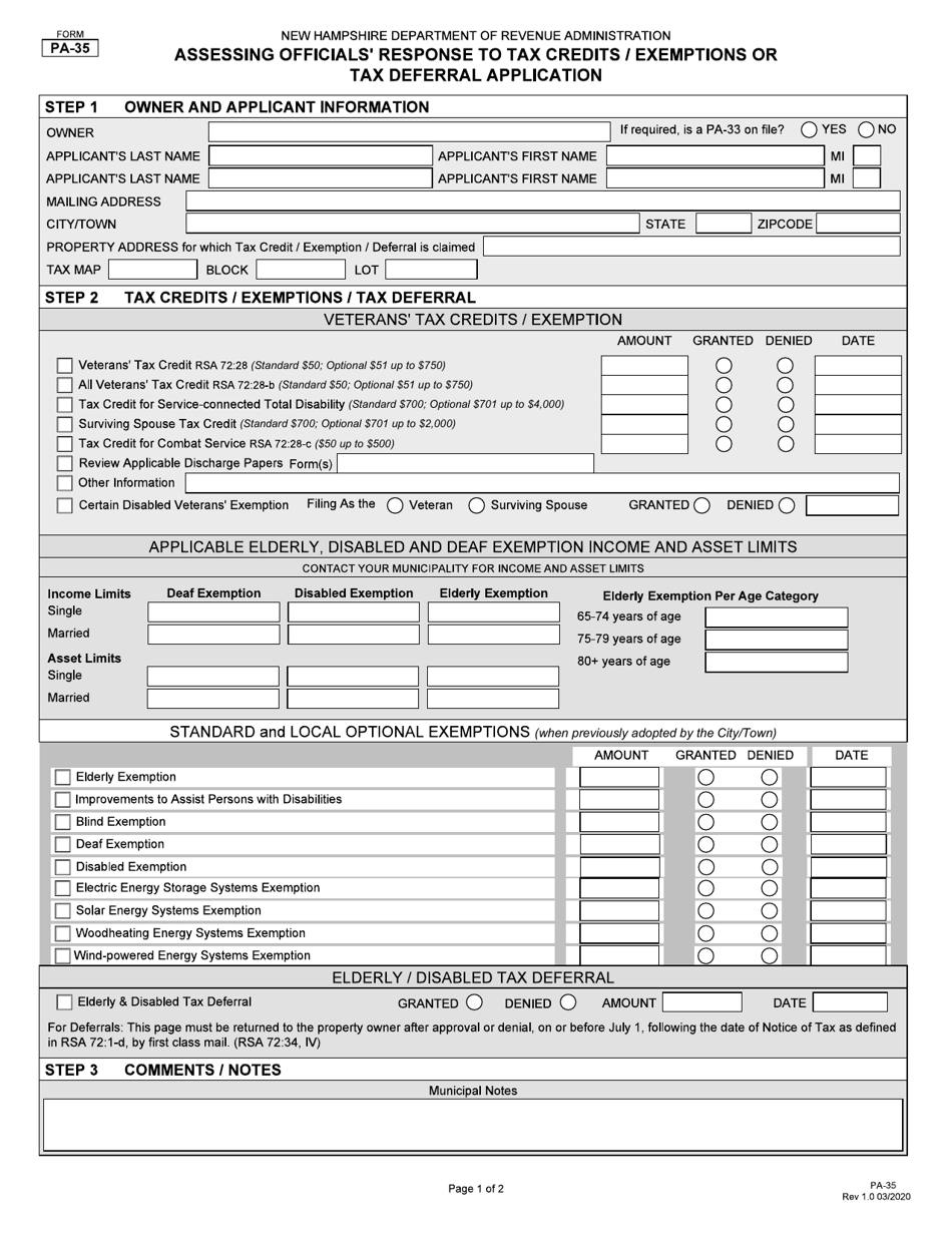 Form PA-35 Assessing Officials Response to Exemptions / Tax Credits / Deferral Application - New Hampshire, Page 1