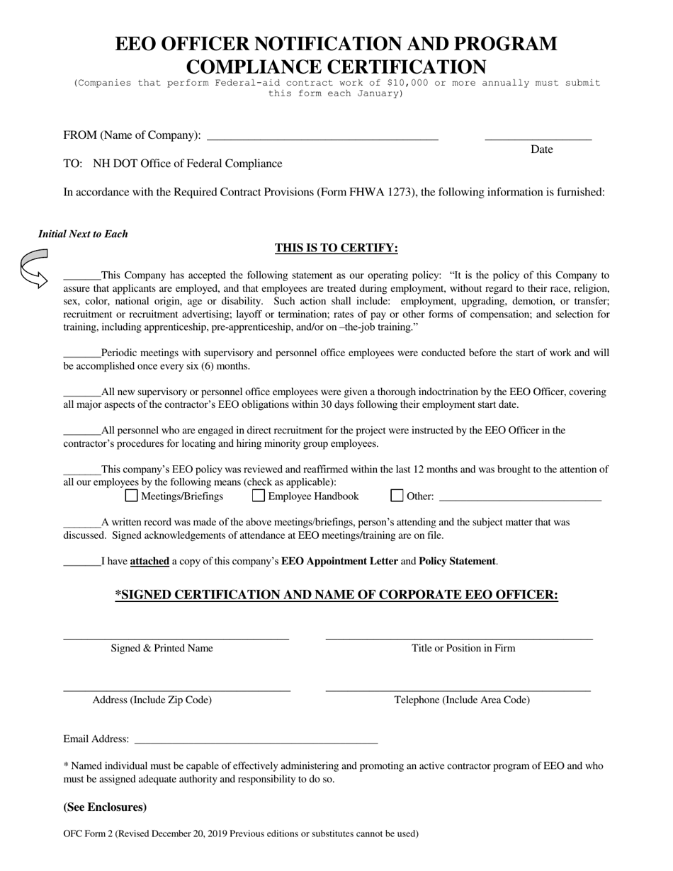 OFC Form 2 EEO Officer Notification and Program Compliance Certification - New Hampshire, Page 1