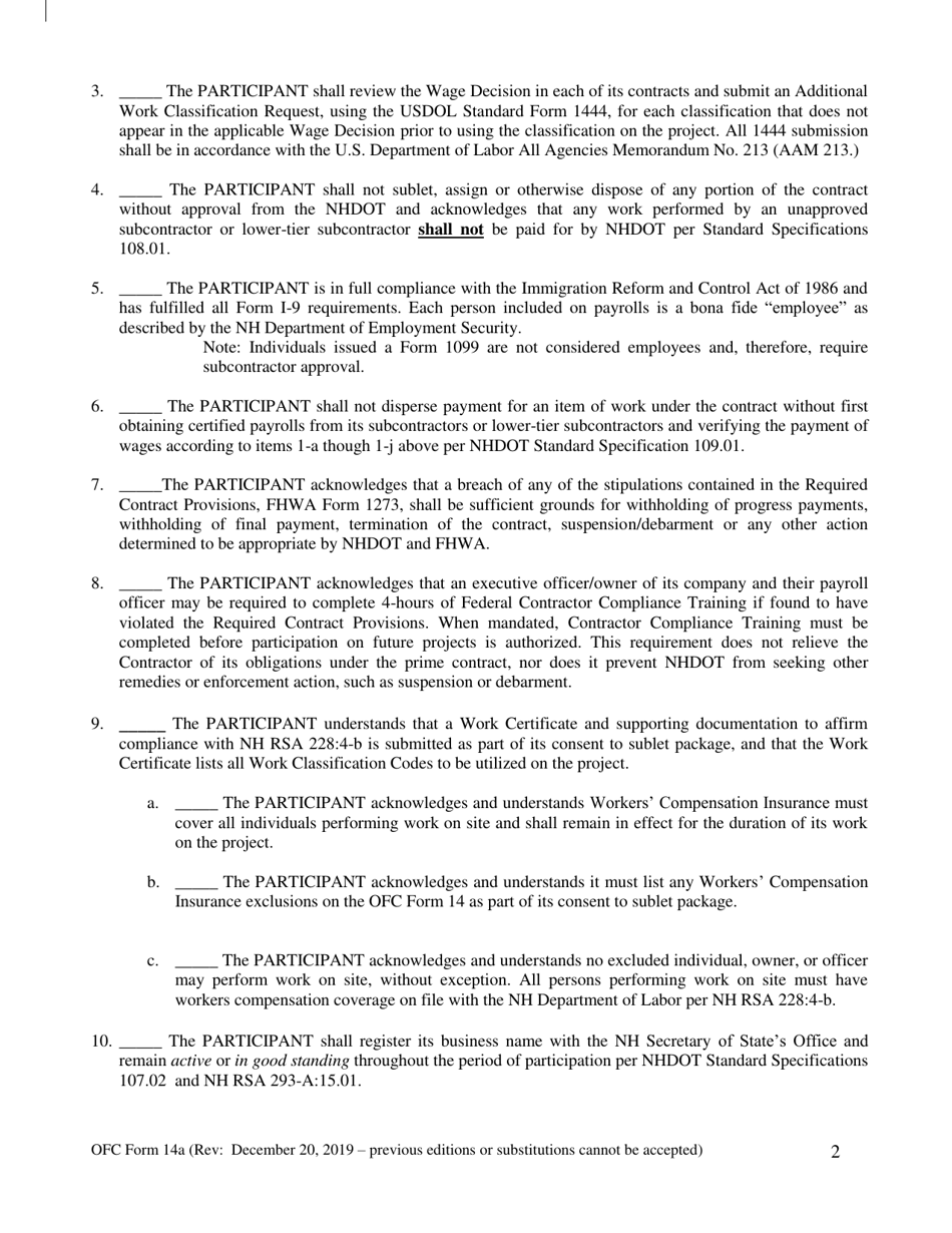 OFC Form 14A Annual Contractor Assurances Federal-Aid Contracts - New Hampshire, Page 2