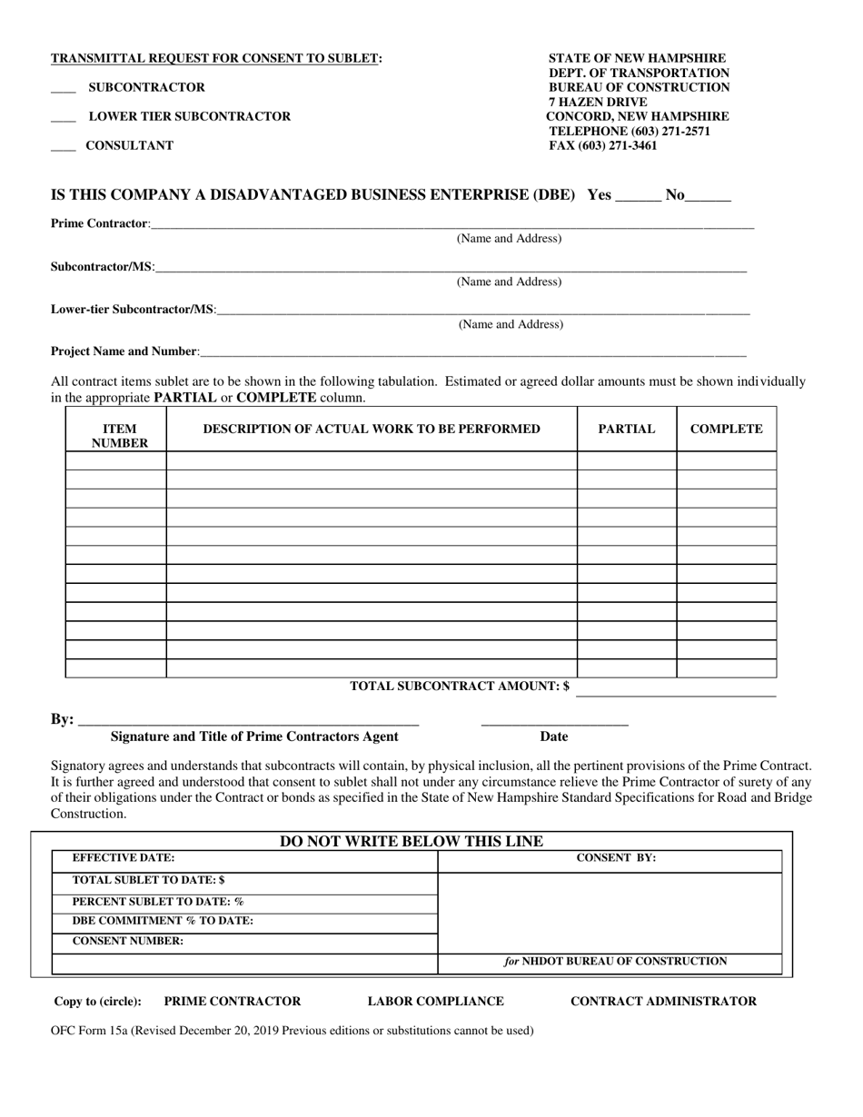 OFC Form 15A Request for Consent to Sublet - State Managed Projects - New Hampshire, Page 1