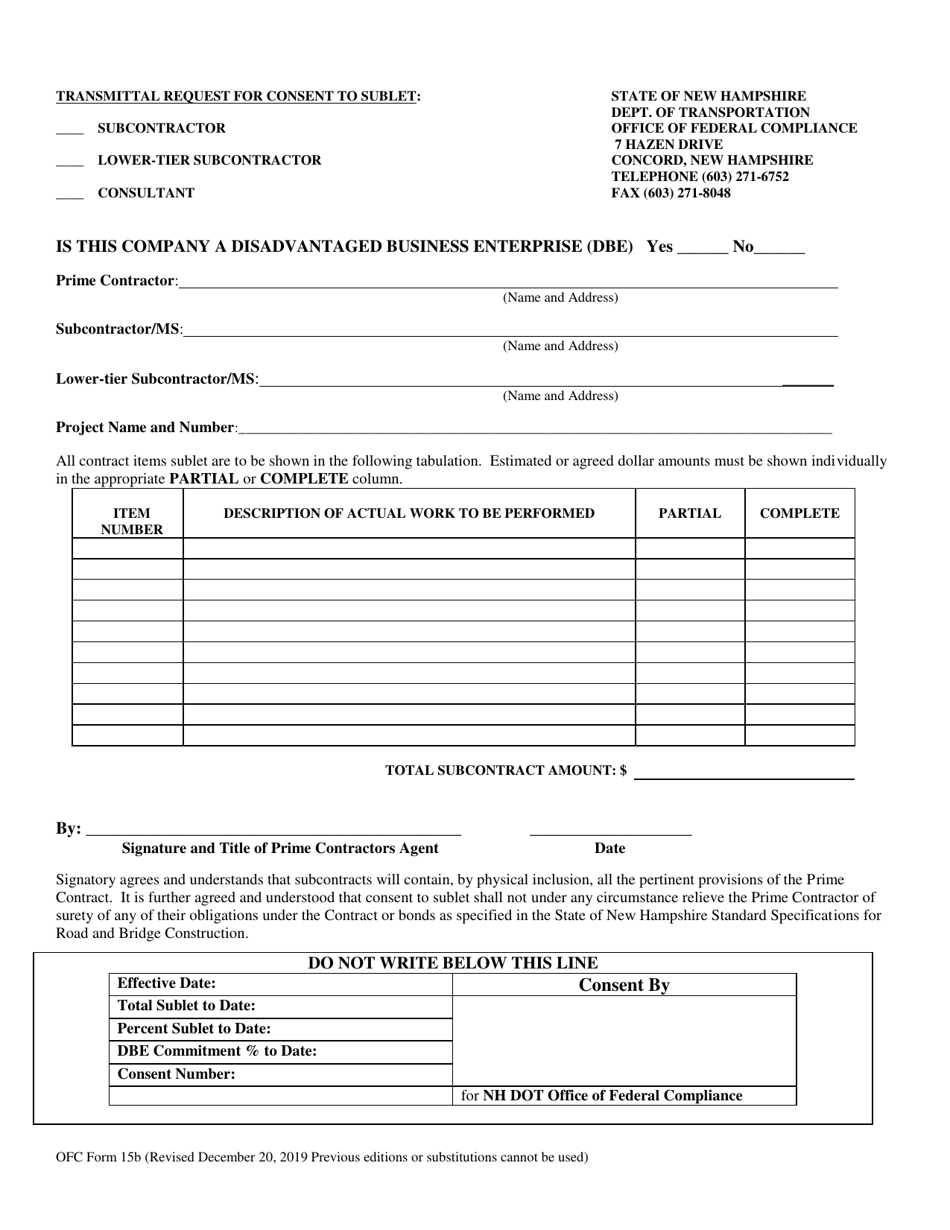 OFC Form 15B Request for Consent to Sublet - Lpa Municipally Managed Projects - New Hampshire, Page 1