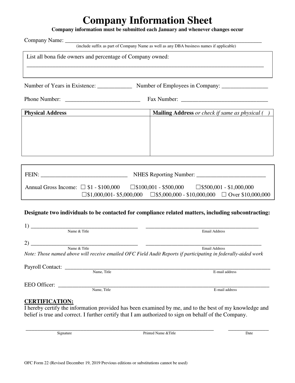 OFC Form 22 Company Information Sheet - New Hampshire, Page 1