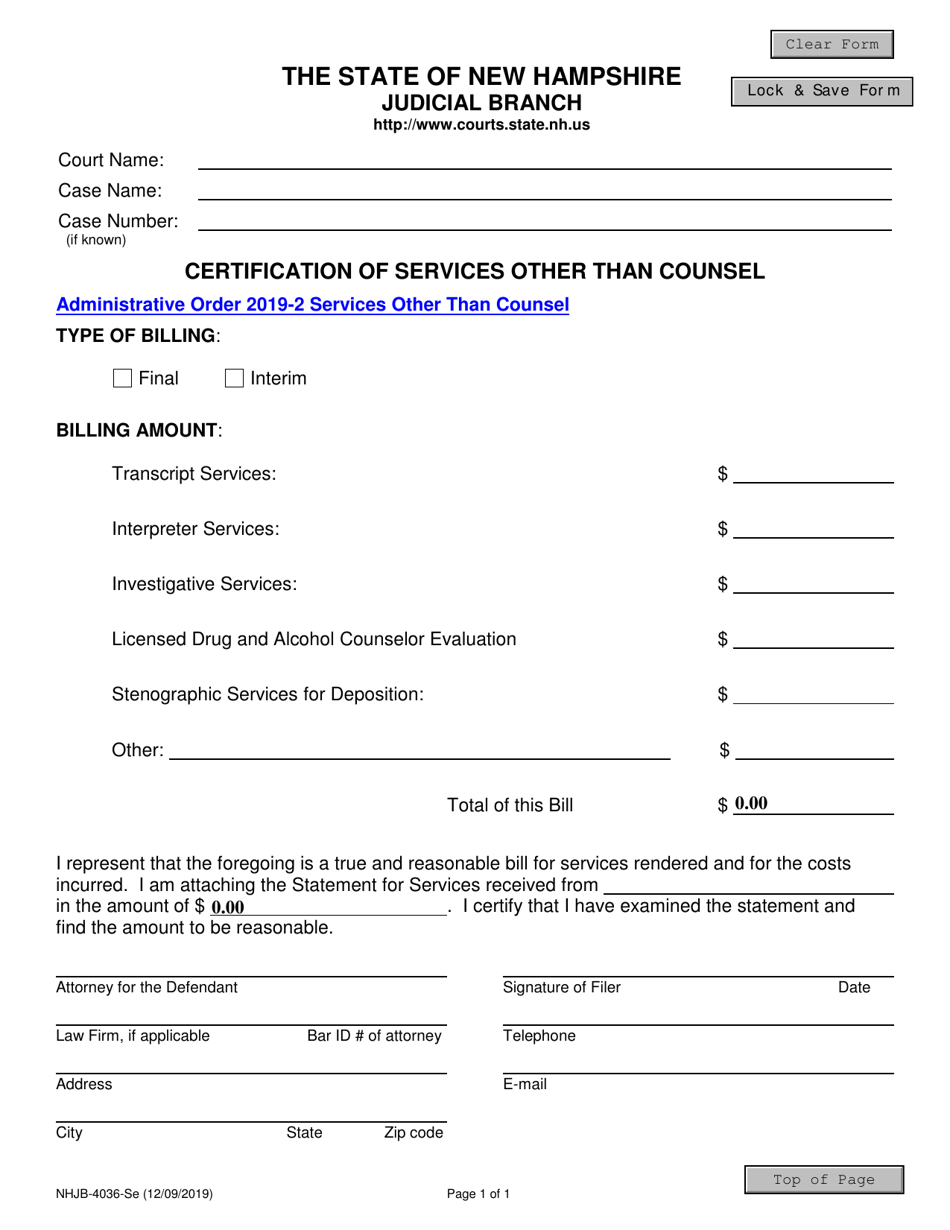 Form NHJB-4036-SE Certification of Services Other Than Counsel - New Hampshire, Page 1