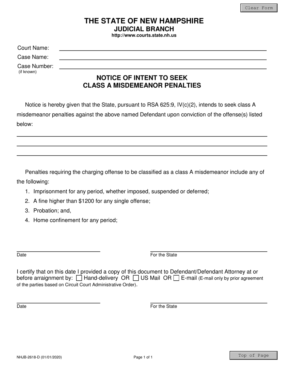 Form NHJB-2618-D Notice of Intent to Seek Class a Misdemeanor Penalties - New Hampshire, Page 1