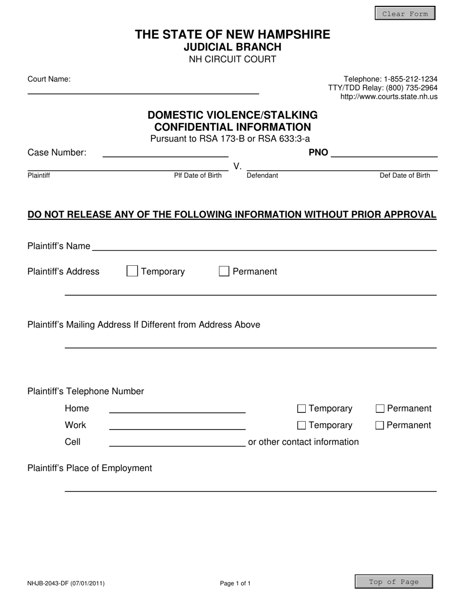 Form NHJB-2043-DF Domestic Violence/Stalking Confidential Information - New Hampshire, Page 1
