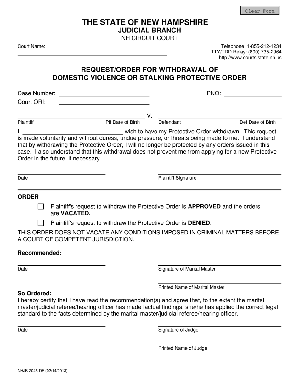 Form NHJB-2046-DF Request / Order for Withdrawal of Domestic Violence or Stalking Protective Order - New Hampshire, Page 1