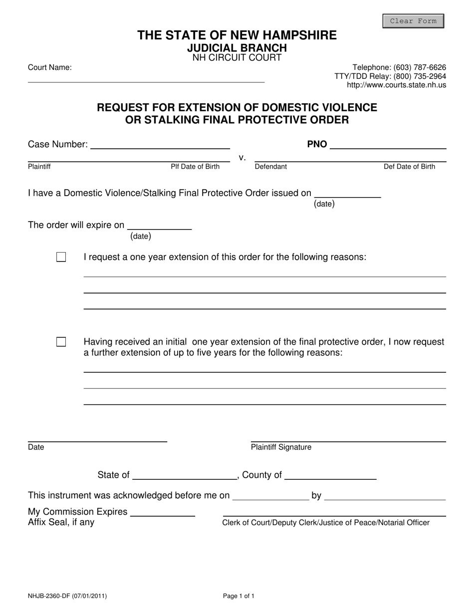 Form NHJB-2360-DF Request for Extension of Domestic Violence or Stalking Final Protective Order - New Hampshire, Page 1