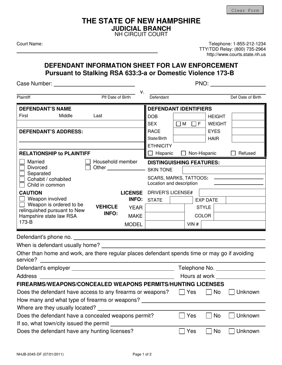 Form NHJB-2045-DF Defendant Information Sheet for Law Enforcement - New Hampshire, Page 1
