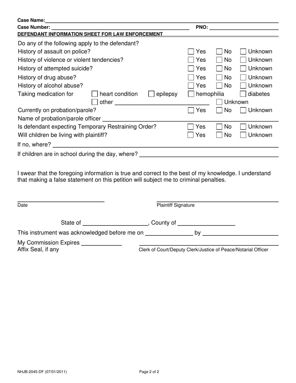 Form NHJB-2045-DF Defendant Information Sheet for Law Enforcement - New Hampshire, Page 2