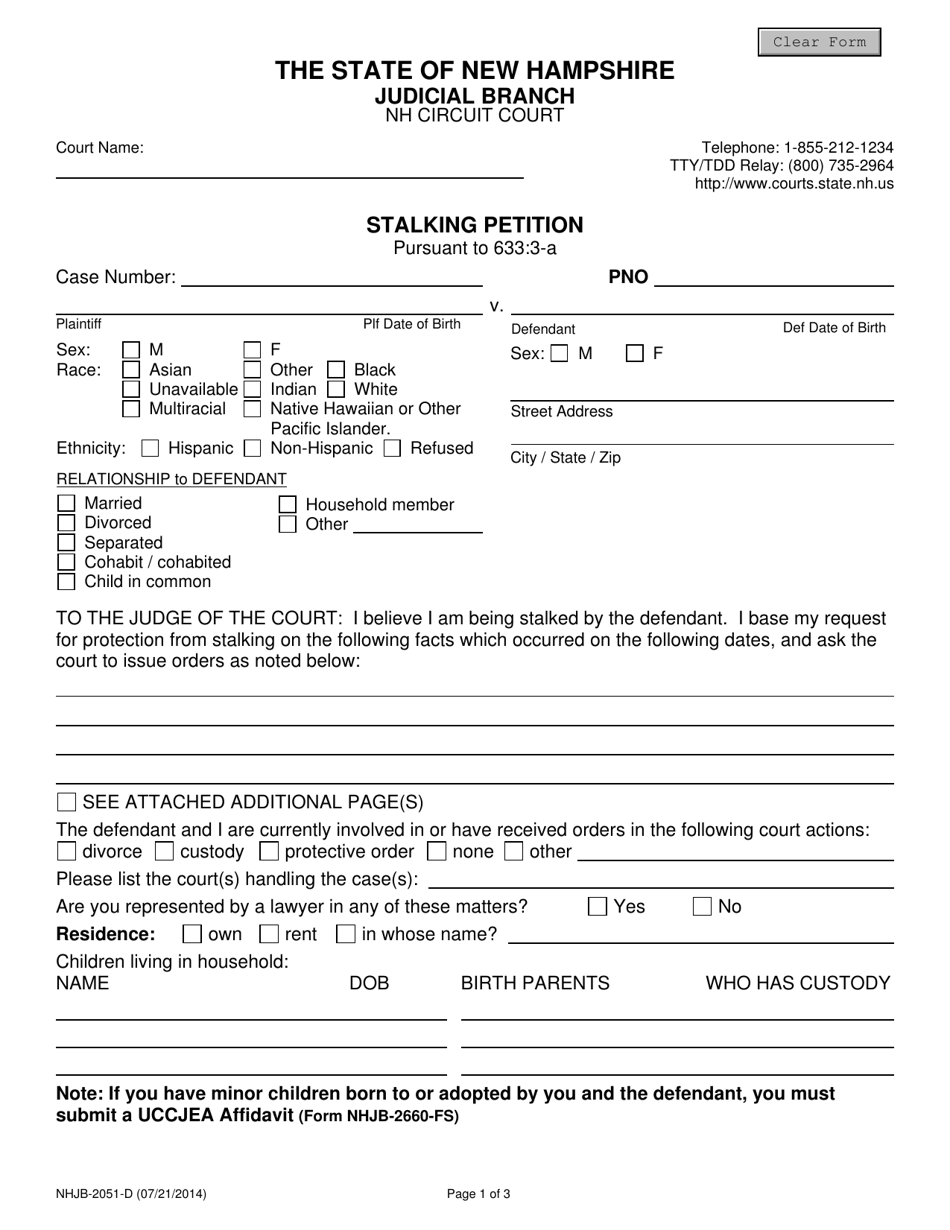 Form NHJB-2051-D Stalking Petition - New Hampshire, Page 1
