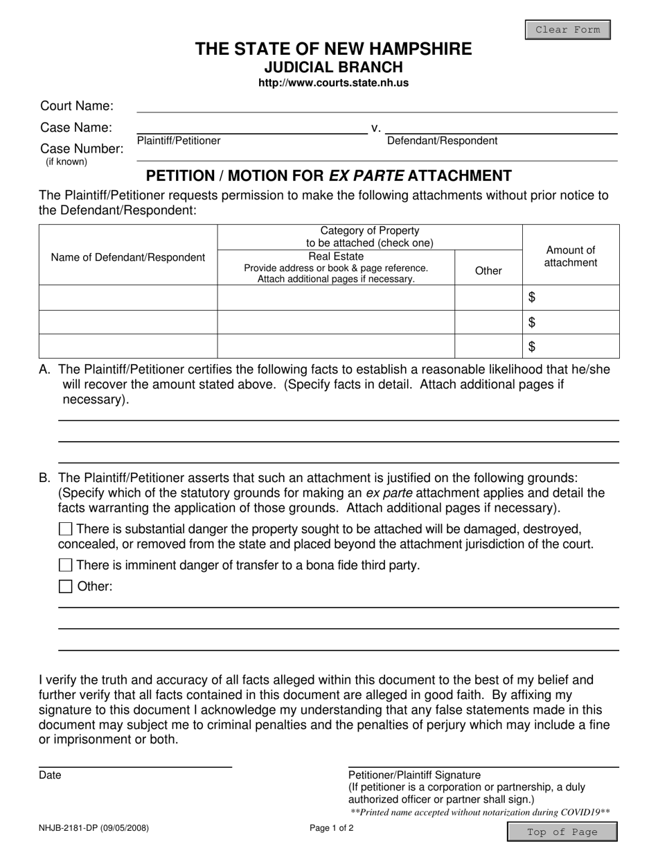 Form NHJB-2181-DP Petition / Motion for Ex Parte Attachment - New Hampshire, Page 1