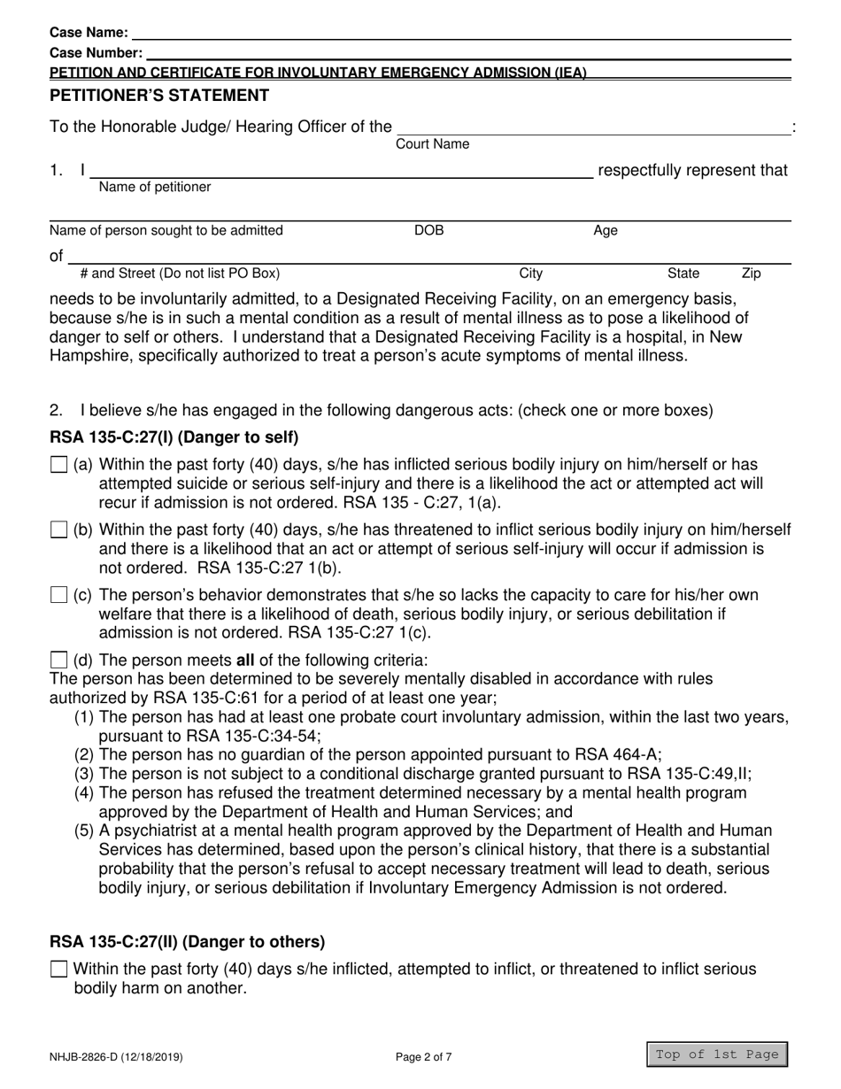 Form NHJB-2826-D Petition and Certificate for Involuntary Emergency Admission (Iea) - New Hampshire, Page 2