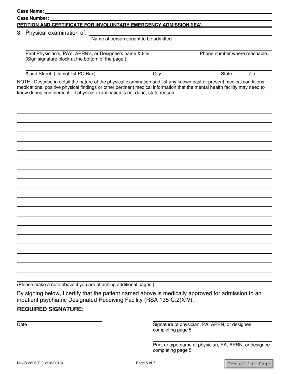 Form NHJB-2826-D Petition and Certificate for Involuntary Emergency Admission (Iea) - New Hampshire, Page 5