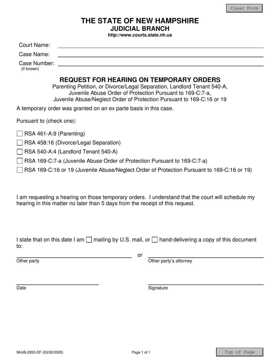 Form NHJB-2953-DF Request for Hearing on Temporary Orders - Parenting, Divorce / Legal Separation, Juvenile or Landlord / Tenant - New Hampshire, Page 1