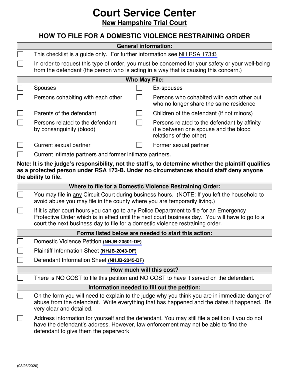 How to File a Domestic Violence Restraining Order Checklist - New Hampshire, Page 1