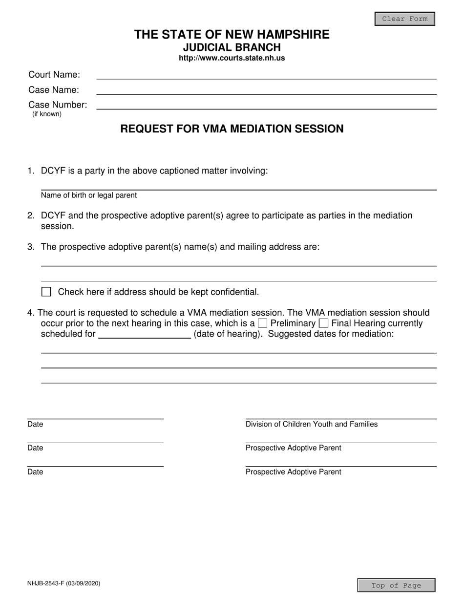 Form NHJB-2543-F Request for Vma Mediation Session - New Hampshire, Page 1