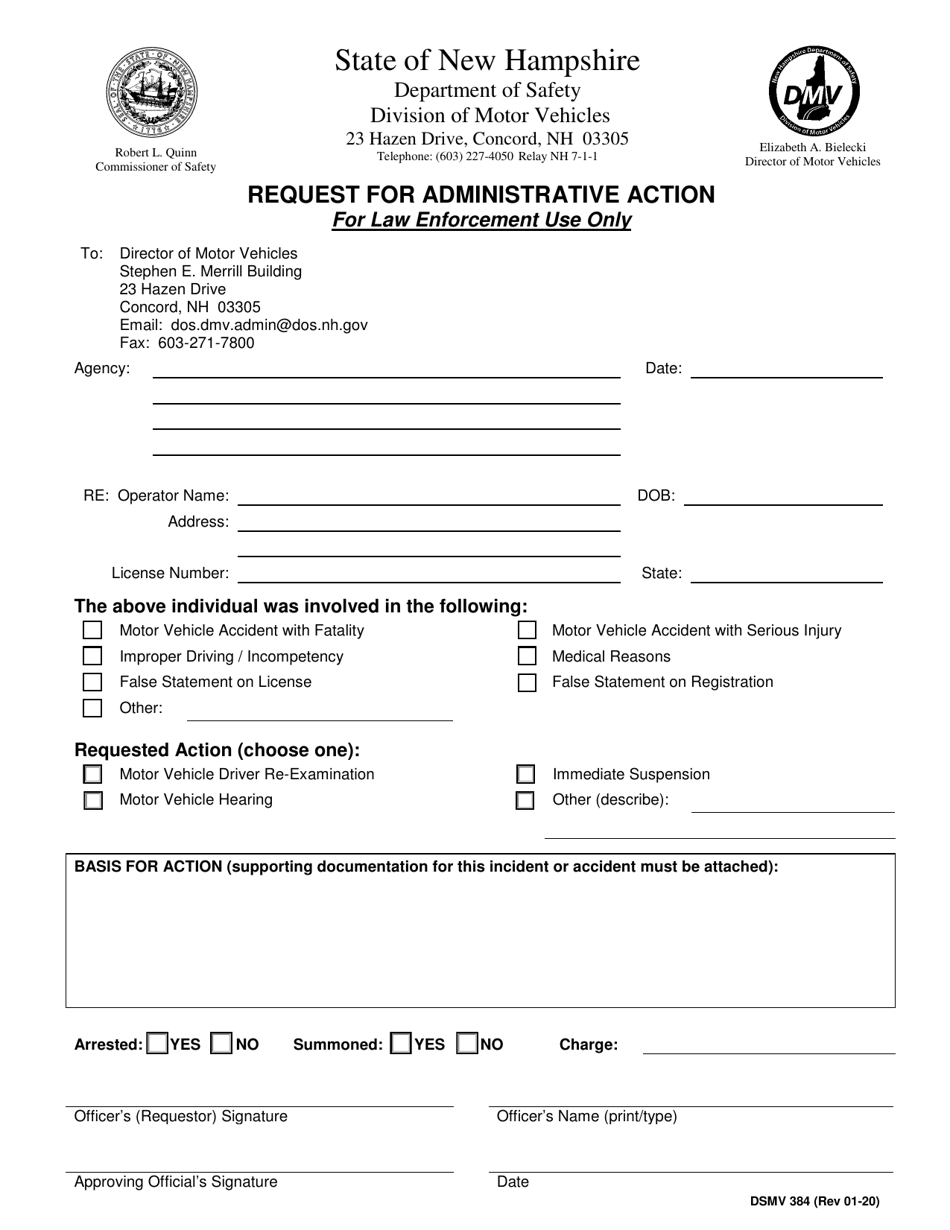 Form DSMV384 Request for Administrative Action - New Hampshire, Page 1
