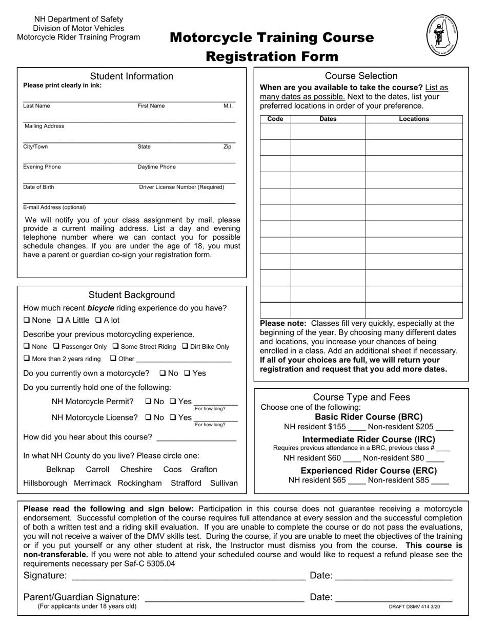 Form DSMV414 Motorcycle Training Course Registration Form - New Hampshire, Page 1