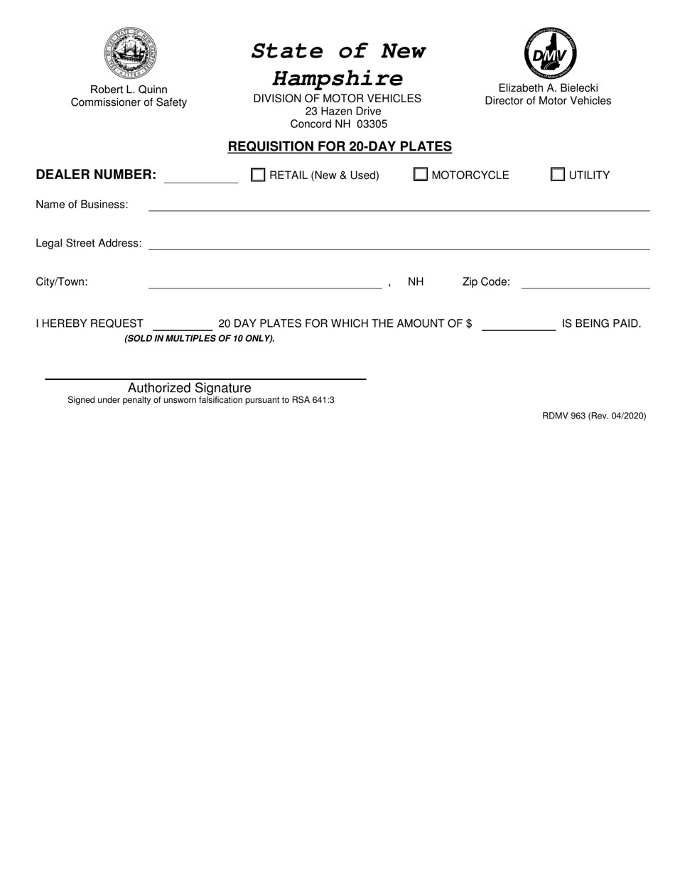 Form RDMV963 Requisition for 20-day Plates - New Hampshire, Page 1