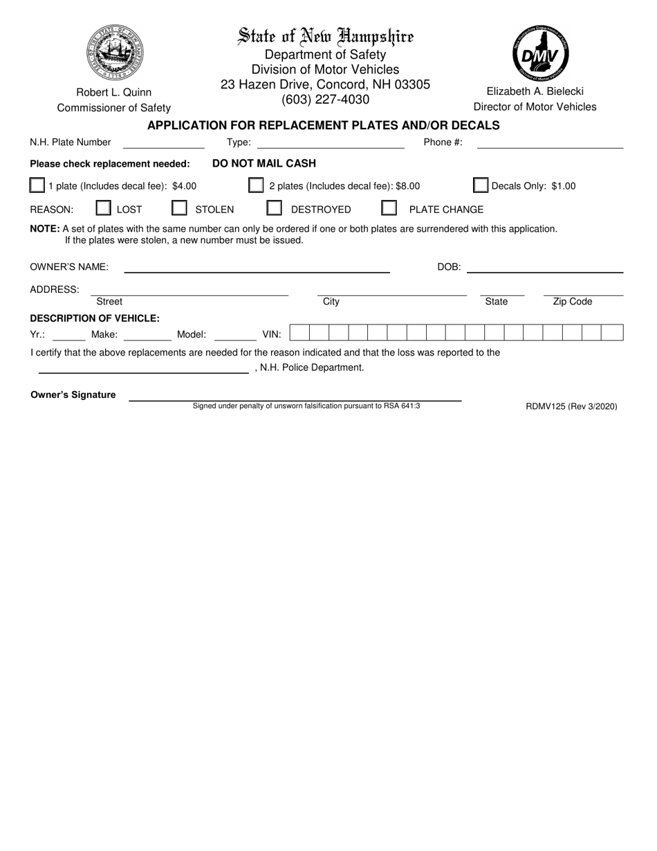 Form RDMV125 Application for Replacement Plates and / or Decals - New Hampshire, Page 1