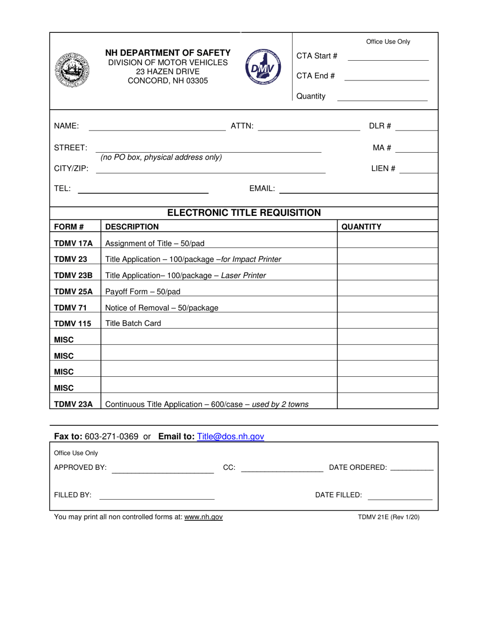Form TDMV21E Supply Order Form - New Hampshire, Page 1