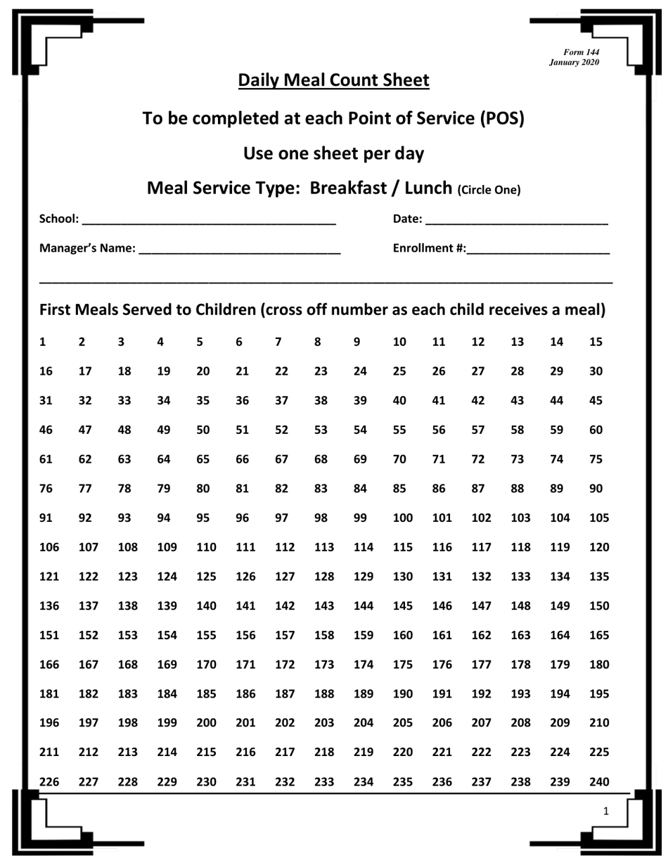 Form 144 Daily Meal Count Sheet - New Jersey, Page 1